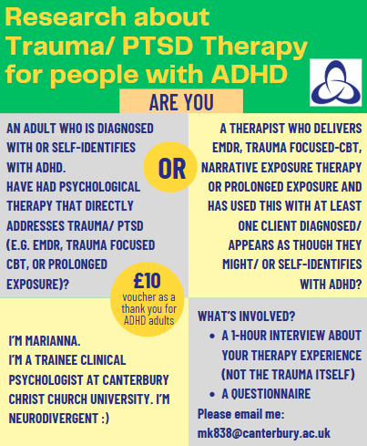 CCCU Salomons Psych (@cccuapppsy) on Twitter photo A research project at our place. Looking at trauma therapy and ADHD. For both users of services and therapists. For more info contact mk838@canterbury.ac.uk A research project at our place. Looking at trauma therapy and ADHD. For both users of services and therapists. For more info contact mk838@canterbury.ac.uk