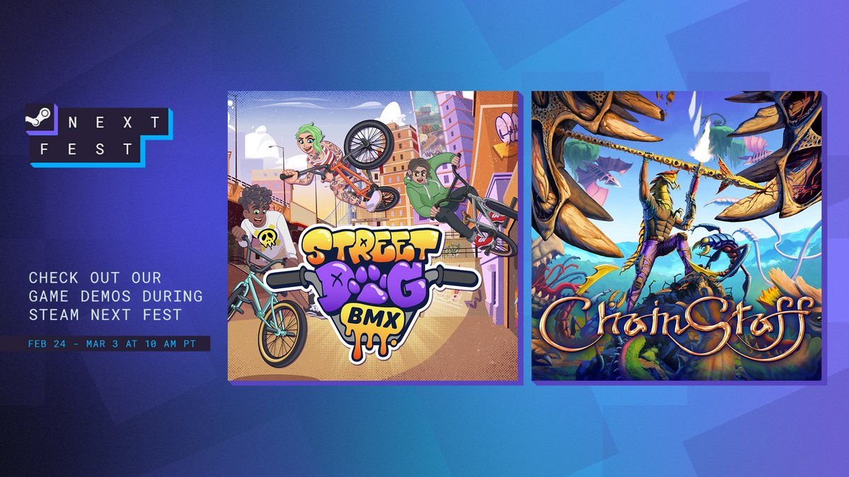 Kate Hall // Malkarii (@malkarii_) on Twitter photo 🚨 Double the #SteamNextFest action! <a href="/nullgames/">Null Games</a> has two awesome #indiegame demos live now—give 'em a spin!
🚲 Streetdog BMX – Cruise through open levels or nail technical tricks.
⛓️ ChainStaff – Blast, impale, and feast on alien enemies.
Wishlist & play now! 🎮
Links below 👇 🚨 Double the #SteamNextFest action! <a href="/nullgames/">Null Games</a> has two awesome #indiegame demos live now—give 'em a spin!
🚲 Streetdog BMX – Cruise through open levels or nail technical tricks.
⛓️ ChainStaff – Blast, impale, and feast on alien enemies.
Wishlist & play now! 🎮
Links below 👇