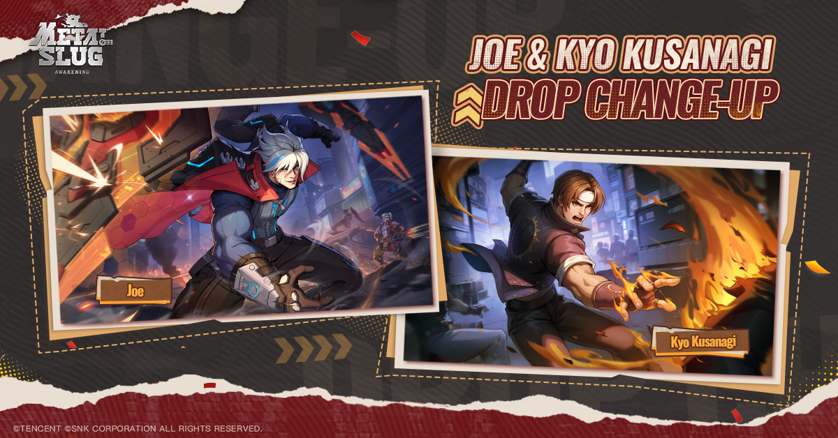 MetalSlugAwaken's tweet photo. Limited Special Character - Joe & Kyo Kusanagi
Metal Slug Mission Start!
Starting from February 25th, chances of obtaining some characters will be boosted. Commanders who are interested should not miss this opportunity!
◆Event Duration:
February 25th (Tuesday) - March 2nd (Sunday)
◆Details:
During the event, the probability of obtaining Joe and Kyo Kusanagi increases. Commanders can use the item "Sapphire Pickaxe" to draw them on the Treasure Dig page.