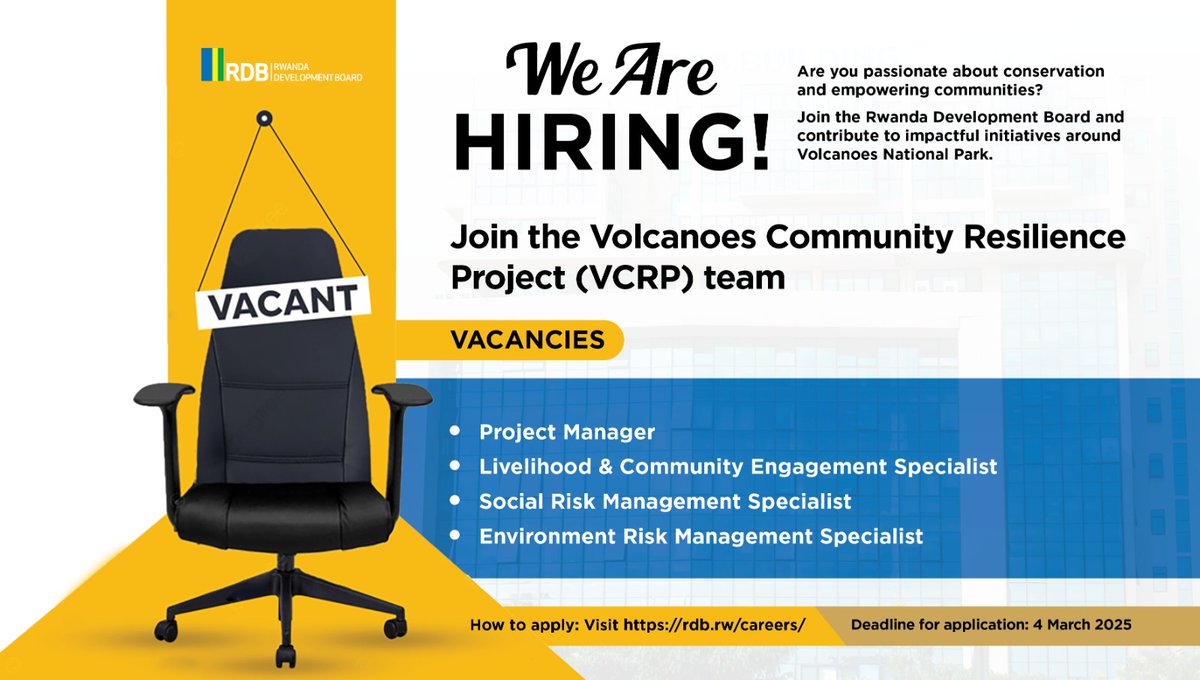 RDB is looking for professionals to join the Volcanoes Community Resilience Project (VCRP) team:

🔹 Project Manager
🔹 Livelihood &amp; Community Engagement Specialist
🔹 Social Risk Management Specialist
🔹 Environment Risk Management Specialist

Be part of a transformative