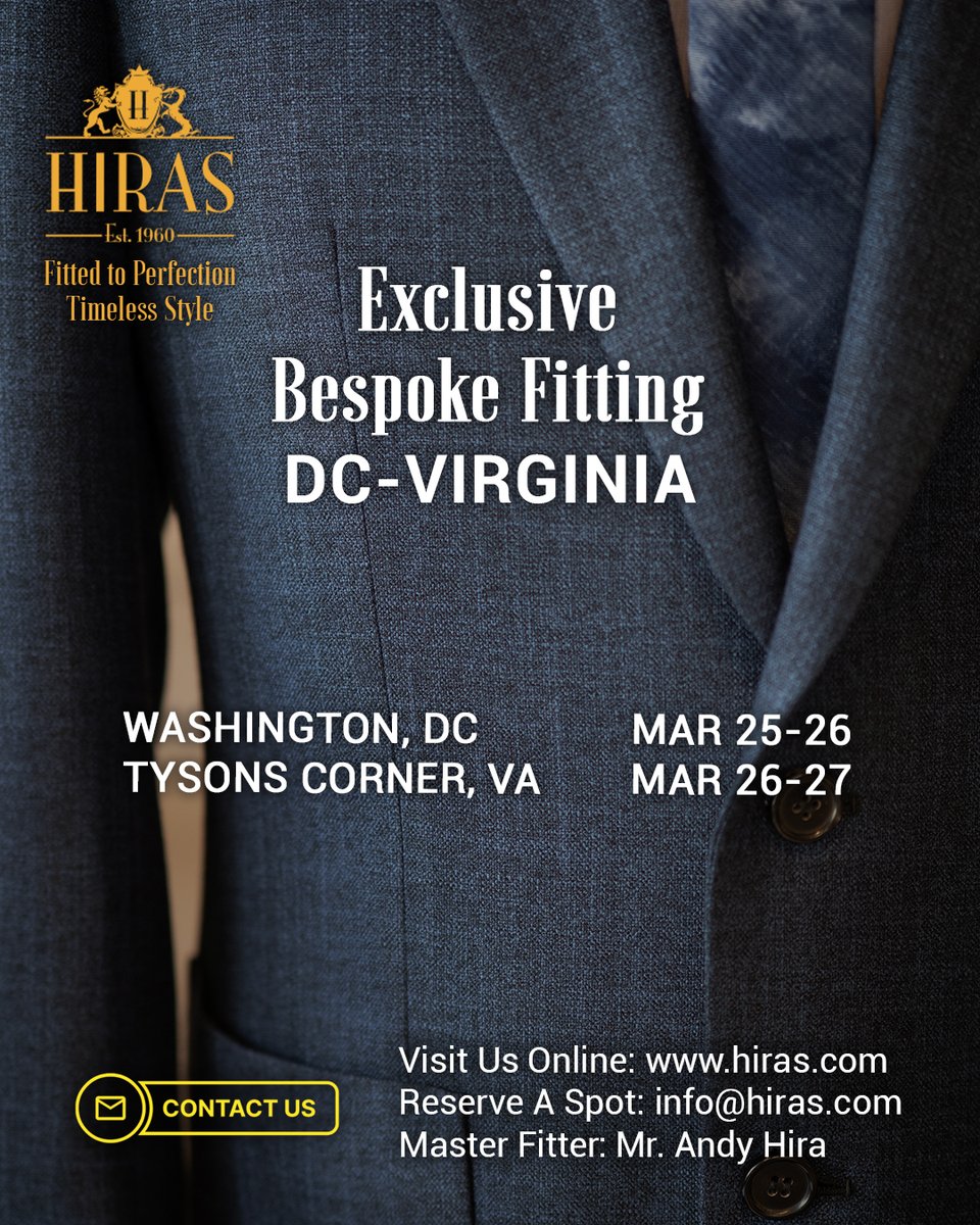 HirasFashion's tweet image. Don't miss our upcoming special bespoke fitting tours in Washington DC and Tysons Corner next month! Reserve your spot today.

Email us info@hiras.com or visit ➡️ hiras.com/Trip-Schedule to book your spot.

#hirasbespoke #trunkshow #getstyled #personalstyle