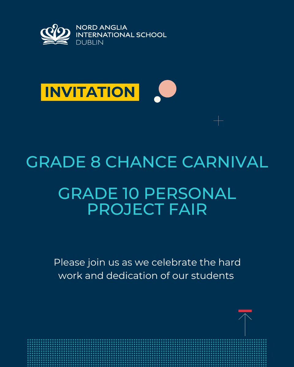 NAISDublin's tweet image. We are excited to welcome families later this week to visit the Grade 8 Chance Carnival 🎲 and Grade 10 Personal Project Fair!
#CreateYourFuture #NordAngliaEducation #InternationalSchool #InternationalBaccalaureate #GlobalEducation #ChanceCarnival #PersonalProject #Secondary