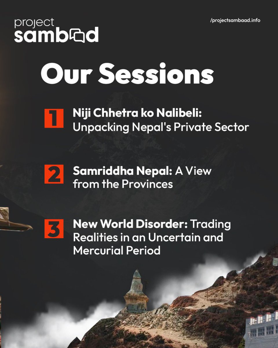 projectsambaad's tweet photo. Day 2 of Project Sambaad: Bhaag II dives into Nepal’s evolving economic and social landscape.

Big ideas, real conversations—be part of it.

📅 March 11-12, 2025 | 📍 Moksh, Jhamsikhel

#ProjectSambaad #PolicyMatters #ConversationsThatMatter https://t.co/XqvBhRRkZN