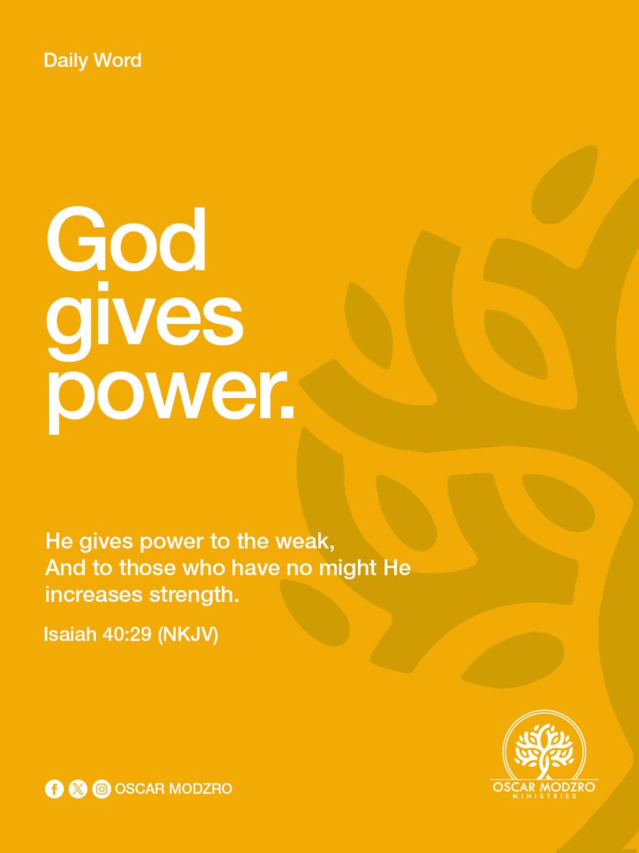 OscarModzro's tweet image. God is all powerful meaning in Him all power holds and is sustained. At any point in time when you feel powerless and weak, spend time with the Lord in prayer and worship and He will furnish you with power. To survive and make impact you need power and God has it in abundance.