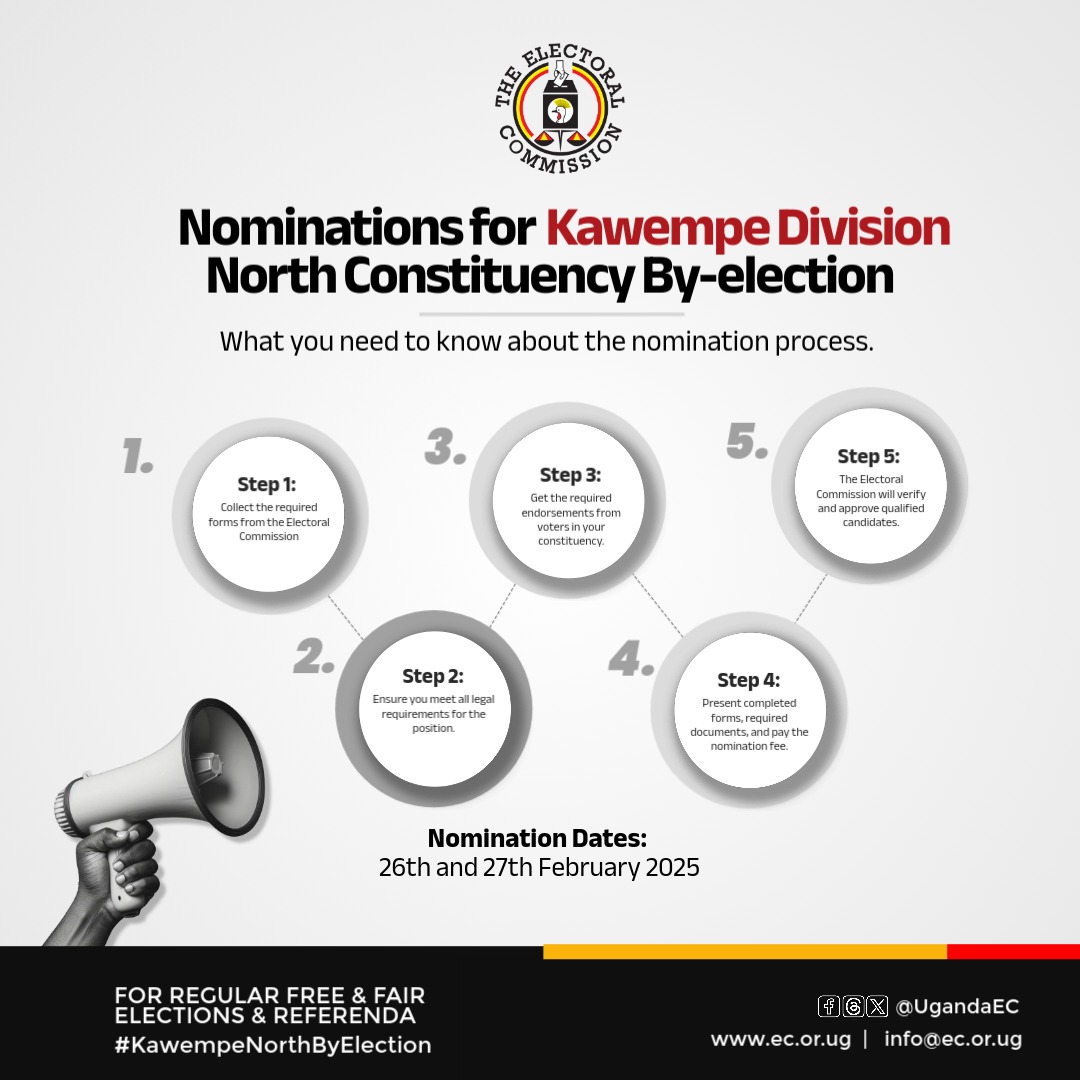 UgandaEC's tweet photo. The Electoral Commission reminds aspiring candidates and stakeholders that nominations for the Directly-elected Member of Parliament for Kawempe Division North Constituency and City Division Councillor for Kazo-Angola Ward will take place tomorrow, 26th February and 27th February 2025 at the Office of the Returning Officer, Kawempe Division. 

For details and nominations forms, visit https://t.co/Pvt8YNYm9r

#KawempeNorthByElection