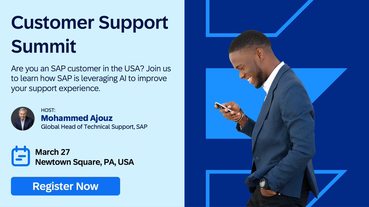 wieditz's tweet photo. 🚀 Don’t miss out! Join us for the Customer Support Summit at SAP's Newtown Square office on Thursday, March 27! Hear from experts including Mohammed Ajouz, Global Head of Technical Support, as they provide insights on SAP Support.

Register here -> https://t.co/WYdqD1oiCg https://t.co/QpQvURaalK