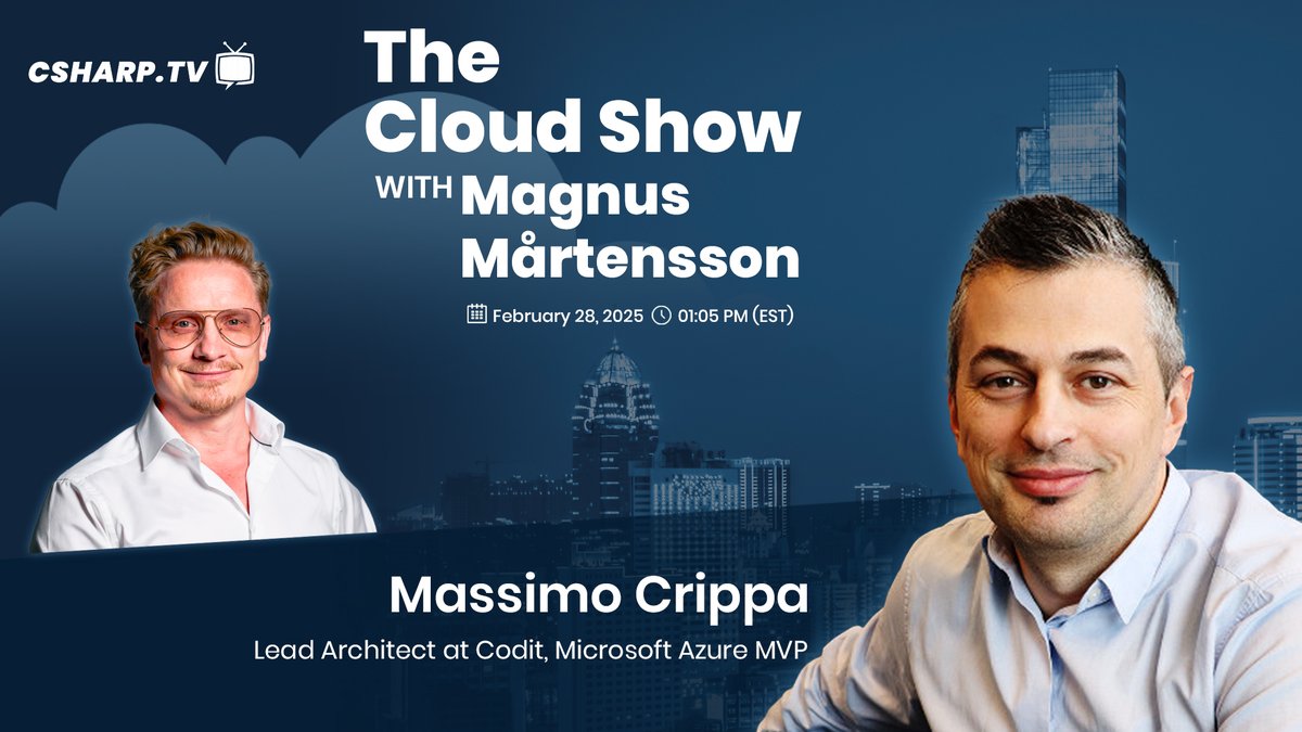 CSharp.TV (@csharpdottv) on Twitter photo Cloud evolution in action! ๐
Join The Cloud Show with Magnus Mรฅrtensson on Feb 28 at 1:05 PM (EST) as <a href="/noopman/">Magnus Mรฅrtensson โ</a> & <a href="/mas_que_crippa/">Massimo Crippa ๐</a> dive into the latest cloud innovations.
๐บLive streaming at csharp.tv
#TheCloudShow #Cloud #CSharpTV #liveshow #CloudShow Cloud evolution in action! ๐
Join The Cloud Show with Magnus Mรฅrtensson on Feb 28 at 1:05 PM (EST) as <a href="/noopman/">Magnus Mรฅrtensson โ</a> & <a href="/mas_que_crippa/">Massimo Crippa ๐</a> dive into the latest cloud innovations.
๐บLive streaming at csharp.tv
#TheCloudShow #Cloud #CSharpTV #liveshow #CloudShow