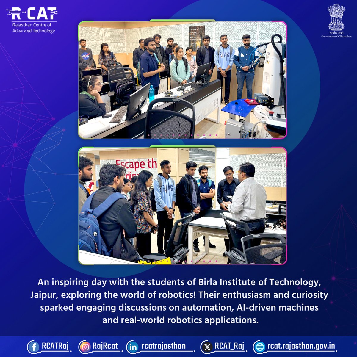 rajrcat's tweet image. 🤖🚀 Robotics Workshop at R-CAT! 🚀🤖
Students from Birla Institute of Technology, Jaipur, explored robotics, automation, and AI-driven machines, sparking insightful discussions on future tech!
Here's to shaping tomorrow’s innovators!
#RCAT #RoboticsWorkshop #AI #FutureTech