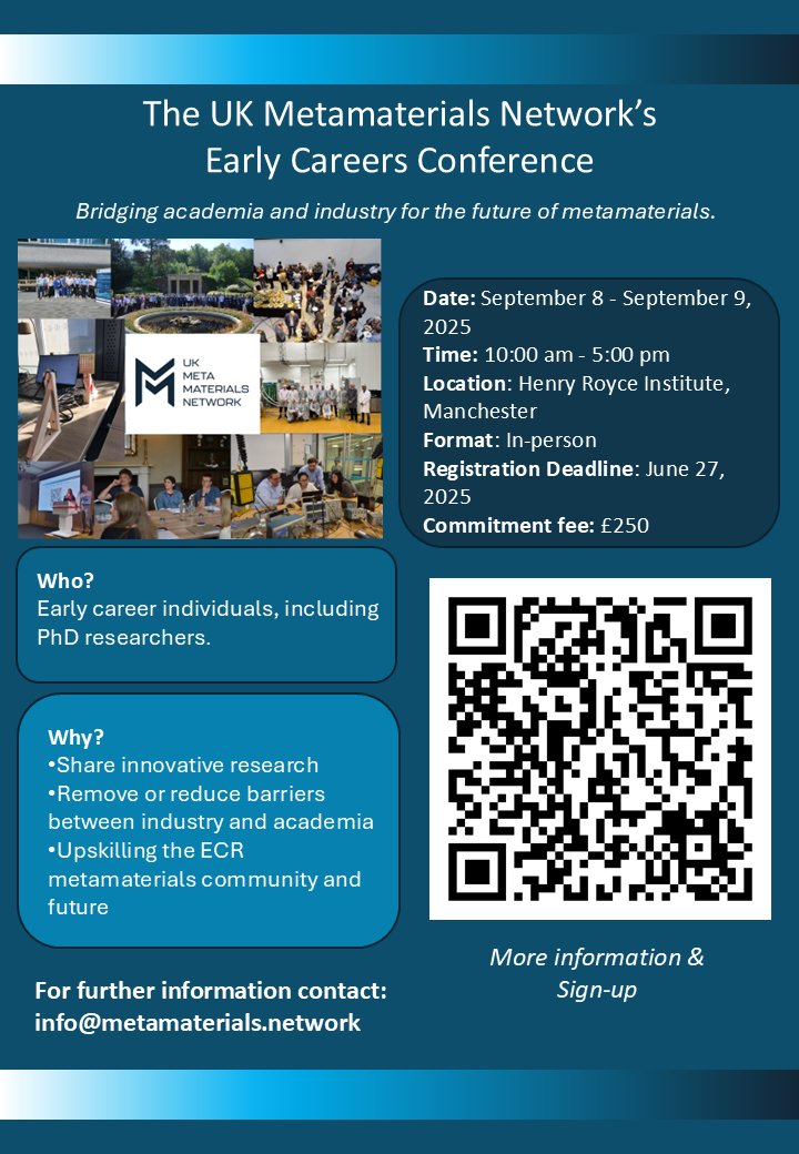 MetamaterialsUK's tweet image. Sign up for the UKMMN Early Careers Conference 2025 and explore our sponsorship options: metamaterials.network/early-careers-…