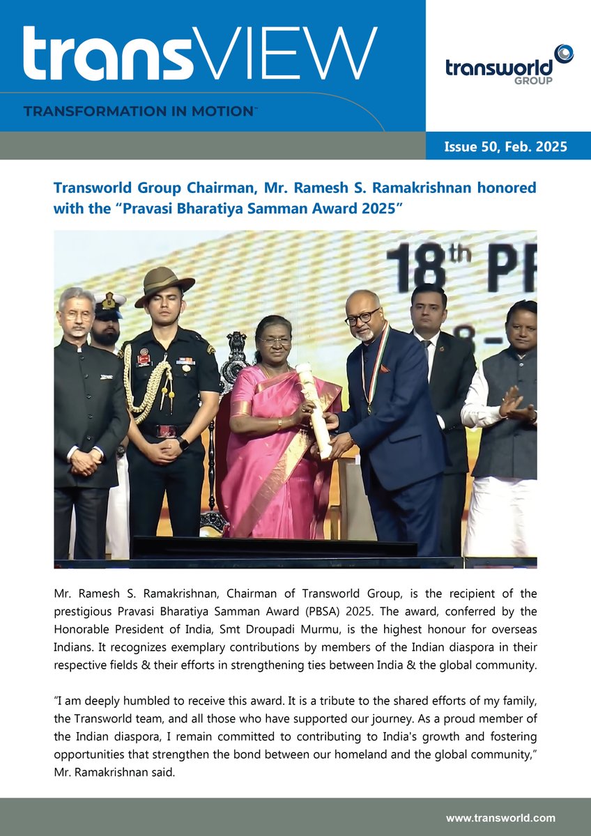 TransworldTweet's tweet photo. An insight into the News and Updates of #TransworldGroup!
Our Quarterly Magazine #TransVIEW - February 2025 edition.
Click for PDF version: https://t.co/PbxvgqeQOT
#TransworldMagazine #QuaterlyMagazine #Shipping #Logistics https://t.co/sg6o9kKTXp