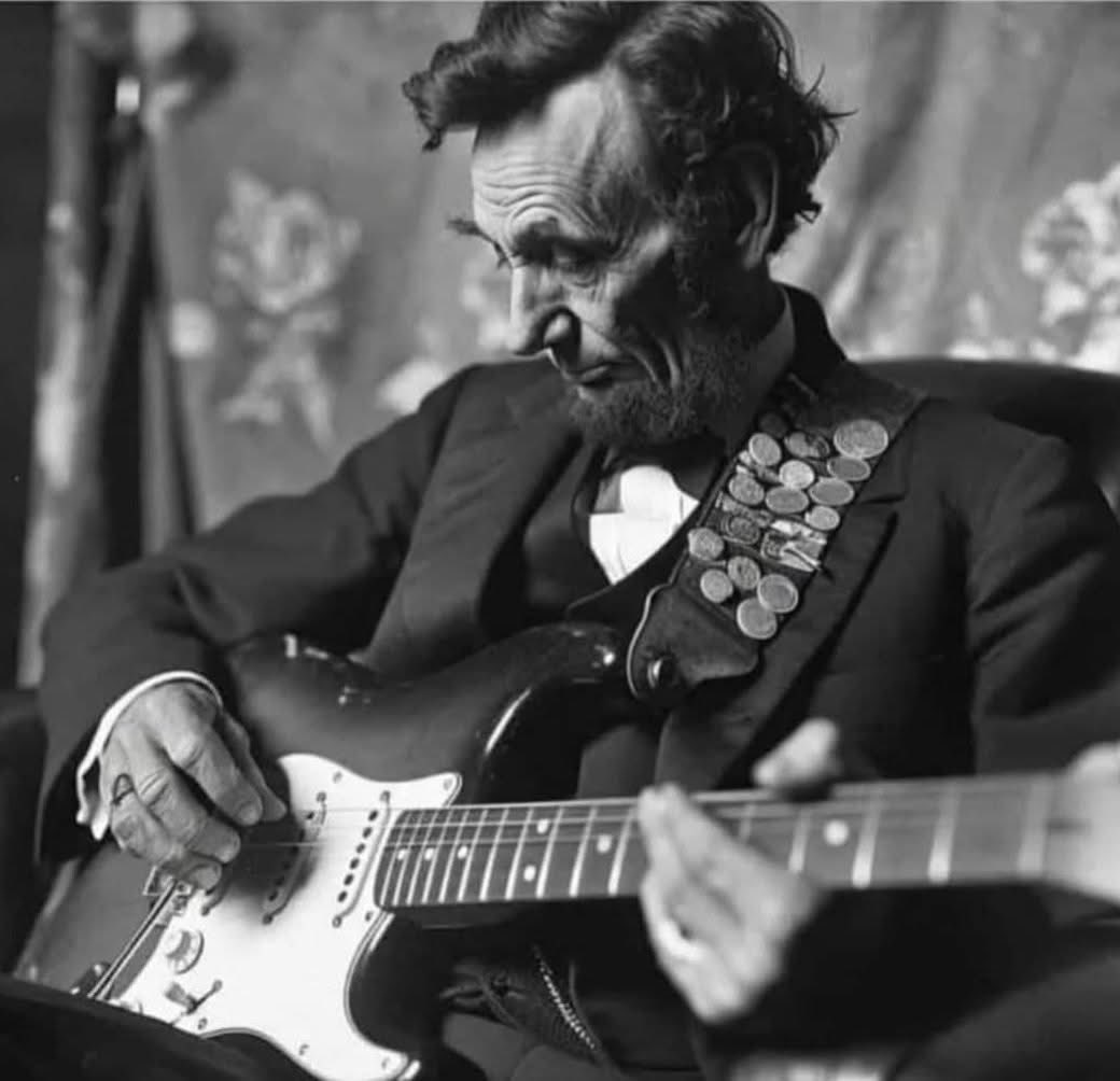 Rare photo of Abraham Lincoln playing the Stratocaster given to him by Keith Richards