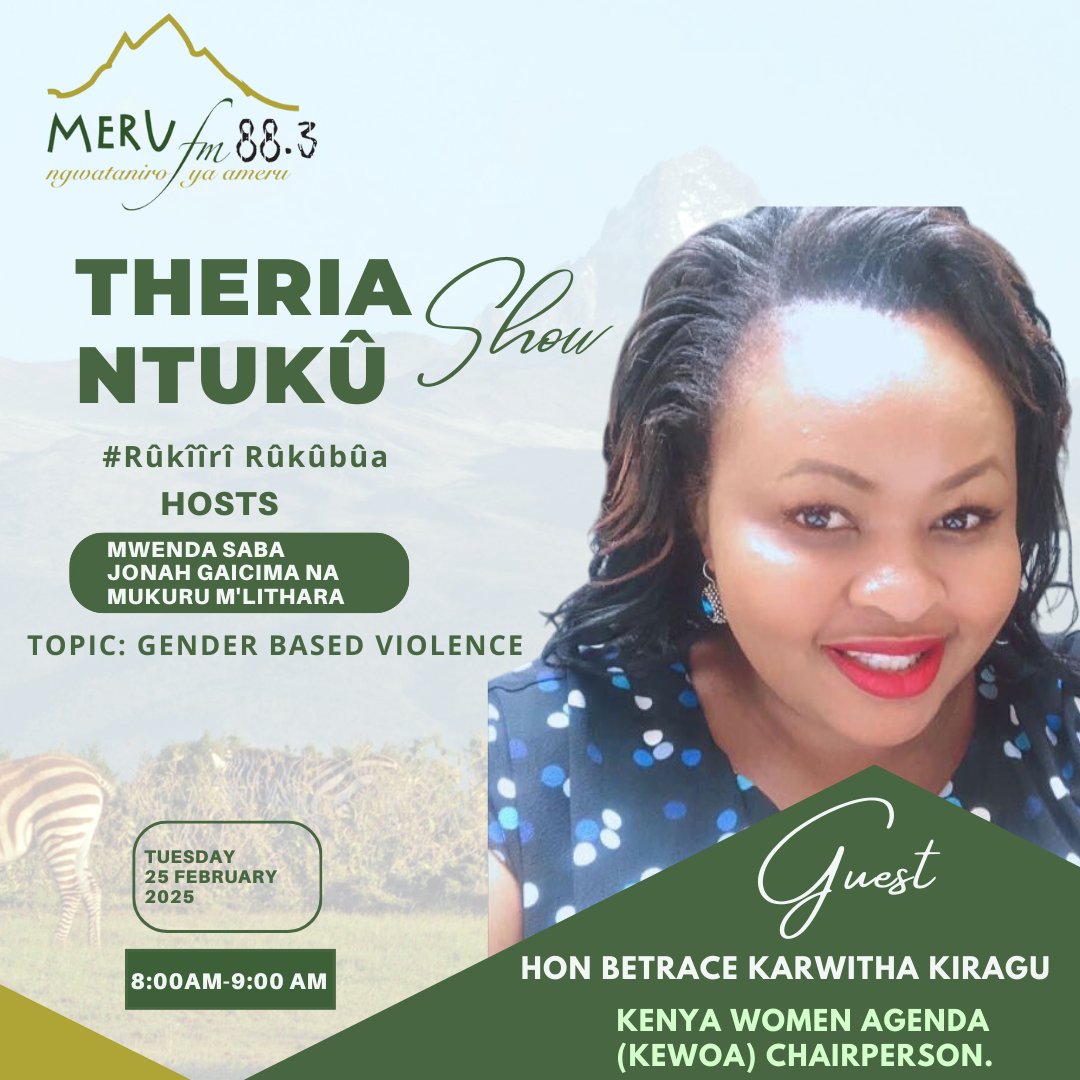 MeruFmOfficial's tweet photo. #TheriaNtuku_Show_Live 
Mugeni wetu naarua ni Hon Betrace Karwritha Kiragu uria ni KEWOA (Kenya women Agenda) Chairperson tukiariria mantu jegie Gender Based violence. 
#MeruFm #Ngwataniro_Ya_Ameru https://t.co/LUiCOQnF7W