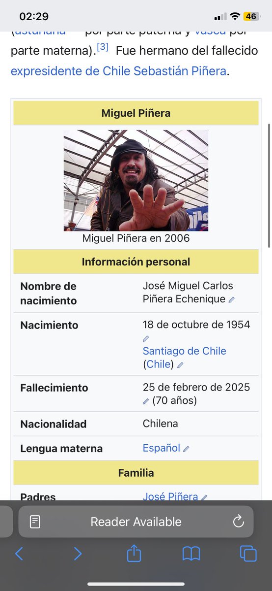nicole_oru's tweet photo. 02:37am y wikipedia ya actualizó el perfil de Miguel Piñera ( Negro Piñera) añadiendo fecha de fallecimiento, sin que antes saliera en las oficinas dicha información.
Simplemente wikipedia 🫠 https://t.co/QRjpG1Ir1M