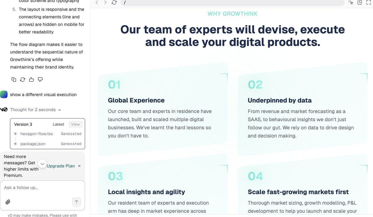 Sheradeavall's tweet photo. Playing around with https://t.co/iTjnAIVry3 through the #ALXASK programme. A  tool to translate a screengrab into text and then revisualise it. V0. dev is  AI-powered. It generates responsive and visually appealing UI, building web applications without coding. WIN! https://t.co/p883A8saoN