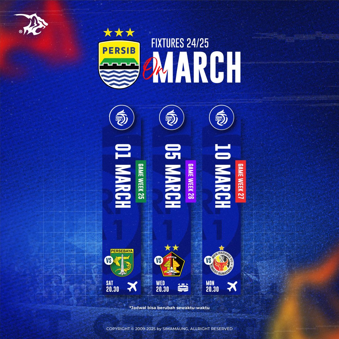 simamaung's tweet photo. Jadwal pertandingan Persib bulan Maret.  Pada bulan puasa ini, waktu kickoff menjadi pukul 20.30 WIB. https://t.co/Je3BtvbeCW