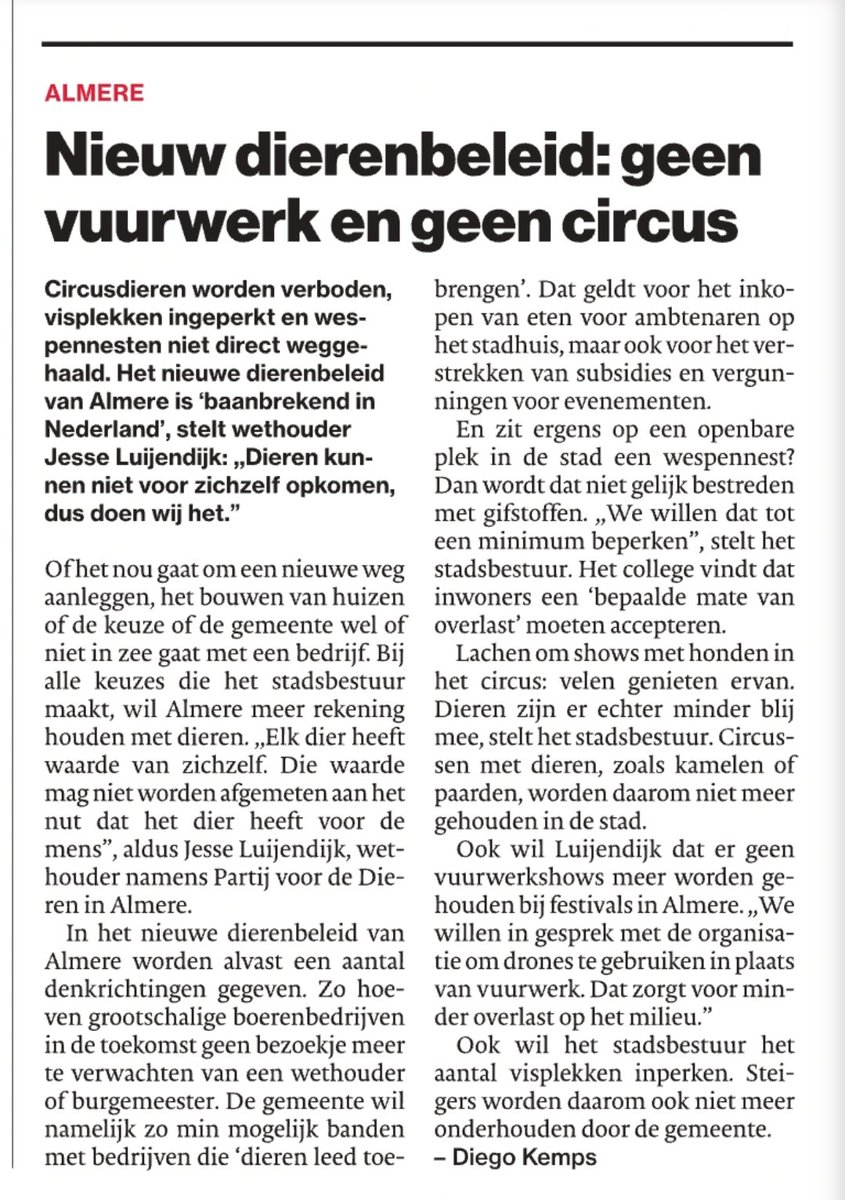 Helena__Jansen's tweet image. Nieuw dierenbeleid Almere: geen vuurwerk, circusdieren verboden, visplekken ingeperkt en wespennesten niet direct weghalen. Het nieuwe dierenbeleid van Almere "Dieren kunnen niet voor zichzelf opkomen, dus doen wij het" zegt wethouder J.Luijendijk #Almere #dieren #stentor