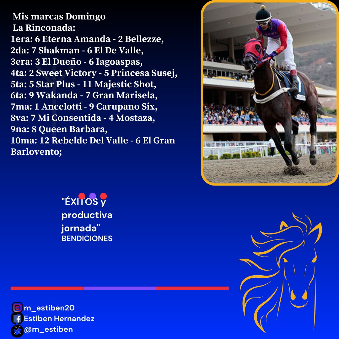 m_estiben's tweet photo. #Hipismo Mis marcas adelantadas domingo La Rinconada...!! Ojo: De haber retirados se cambiaran con anticipación, otra cosa sino les gusta ninguno no los jueguen; ya que no es obligado, bendiciones...!! https://t.co/LlPZSVElNf