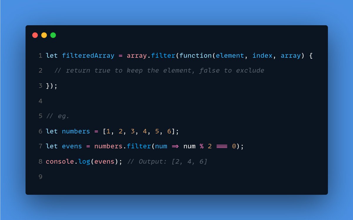 initacademyorg's tweet photo. #JAVASCRIPT ARRAY METHODS - filter()
- element: The current element being processed.
- index (optional): The index of the current element.
- array (optional): The array filter was called upon. https://t.co/5ZjqIpcHvy