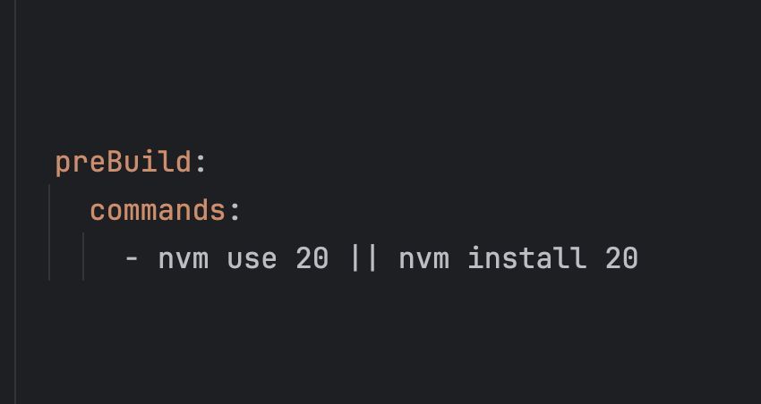 airon_tark's tweet image. AWS Amplify Gen2 routine: If you have an error "The engine "node" is incompatible with this module. Expected version ">=20.12.2". Got "18.18.2" - add this line "nvm use 20 || nvm install 20" to your amplify.yml file ☝️  #awsamplify #awsappsync #awsdynamodb #flutter #dart…