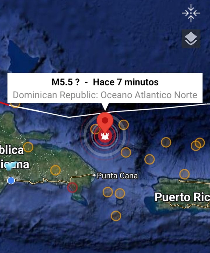 Temblor de tierra de magnitud preliminar 5.5 con epicentro en el océano Atlántico, al norte de Punta Cana. Se sintió en gran parte del país. 
Más datos en breve.