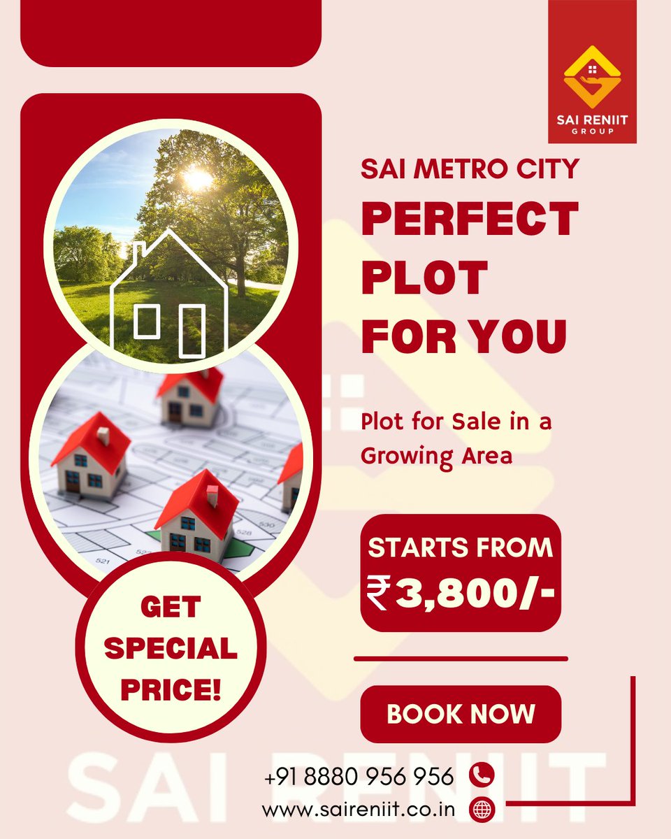 saireniit_group's tweet photo. π‘ Find Your Perfect Plot at Sai Metro City! πΏ
β
Starting at βΉ3,800/- per sqft ποΈ
β
Prime location in a growing area π
β
Special prices for a limited time! β³
π +91 8880 956 956 | π https://t.co/S9g75zo04v
#PerfectPlot #SaiMetroCity #PlotsForSale #InvestInLand https://t.co/rb1NPt22EE