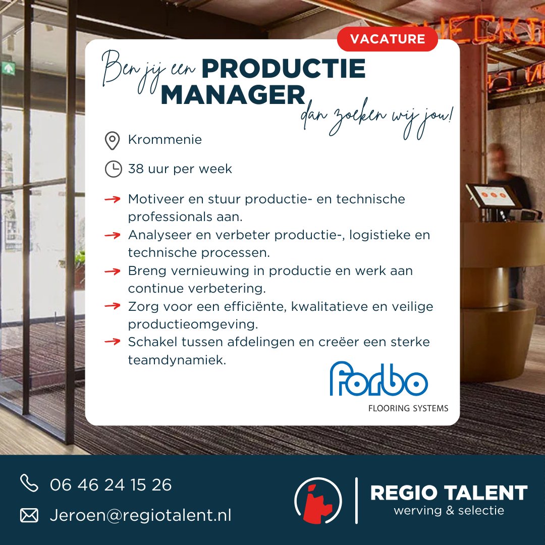 Heb jij ervaring in de maakindustrie en ben je klaar voor een nieuwe uitdaging? Bij <a href="/forboflooring/">Forbo Flooring</a> krijg je als Productiemanager de kans om te groeien en impact te maken!

Solliciteer vandaag!
regiotalent.nl/vacatures/prod…

#Productiemanager #ForboFlooring #Vacature #Krommenie