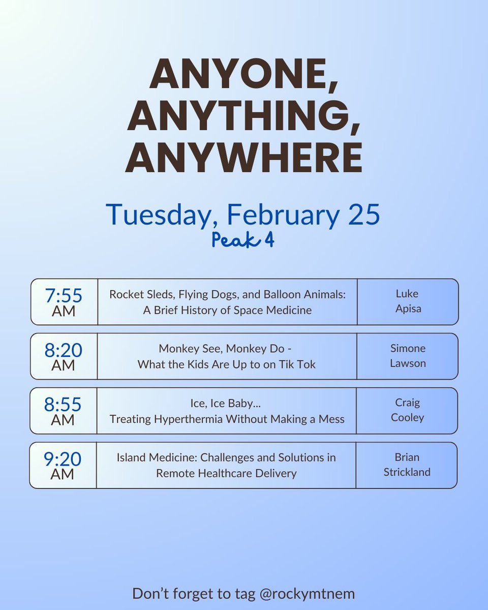 Final morning tomorrow at #RMWC25! 🚑🏔️

Closing with Dr. King’s keynote on AI in the ED 🤖 + sessions on Nervous Neurons &amp; Anyone, Anything, Anywhere!

Let’s finish strong! 🔥 #MedEd #EmergencyMedicine #emergencymedicineconference
#ED