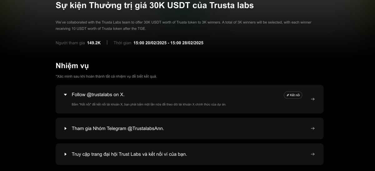 Thienthien1305's tweet photo. Anh em biết @TrustaLabs rồi đúng hem?

TrustaLabs là dự án kết hợp AI + Crypto, xây dựng mạng lưới danh tính tin cậy cho Web3, đã hỗ trợ chống Sybil cho nhiều dự án lớn.

Dự án hợp tác với Binance, Galxe, Gitcoin và có 2,2 triệu người dùng.

Được đầu tư rất xịn: Consensys, Starknet, GSR, SevenX, Web3port, HashKey, SNZ, Redpoint, Visionplus, đội ngũ sáng lập đến từ Alipay.

➥ Dự án đang có event “Trusta Carnival” hoàn toàn miễn phí và siêuuu dễ. 
Mọi người có thể làm để nhận NFT độc quyền và phần thưởng eTrusta nha!

Bước 1: Tham gia sự kiện
⇢ https://t.co/zfmyWs1ys6

• Kết nối ví Meta
• Nhập mã mời referral code để tham gia: 205BY73K

Bước 2: Claim Trusta Attestation

• Chọn “Get your free Attestation by your Agent”
• Chat với Trusta AI Agent.
• Chuyển sang mạng Linea
• Mint Omni-chain Attestation hoàn toàn miễn phí
Nếu bạn đã có Trusta Attestation, hãy tiếp tục bước tiếp theo.

Bước 3: Hoàn thành nhiệm vụ

✓ Partner Events tasks (Hoàn thành ít nhất 5 events)
✓ Agent Events tasks (Hoàn thành ít nhất 4 )

• Chọn từng dự án sau đó làm theo hướng dẫn để hoàn thành nhiệm vụ.
• Xác nhận hoàn thành và nhận điểm eTrusta.

Bước 4: Claim Exclusive Carnival NFT

Truy cập lại trang sự kiện và tìm tùy chọn "Claim Carnival NFT" để claim NFT của bạn là xong.

❖ Ngoài ra anh em nhớ tham gia vào event của #OKX để share 30.000$ pool thưởng nhé:
⇢ https://t.co/Syau9mcPbb

Nhiệm vụ cực kỳ đơn giản, có 3k winners mỗi người 10$ nha! Chúc anh em may mắn!