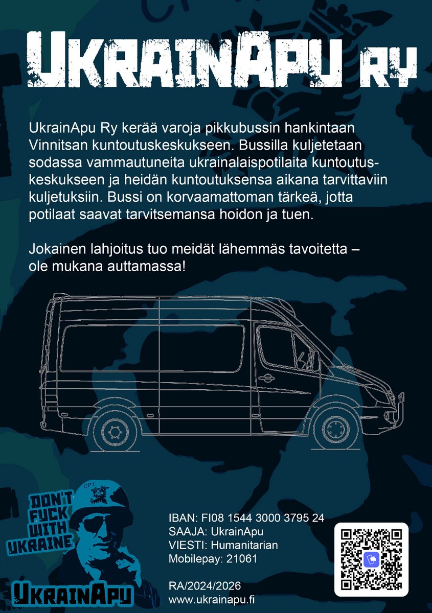 Tänään avataan pikkubussikeräys! Добро Надії - Hyvä Toivo- järjestön kuntoutuskeskus Ukrainan Vinnitsassa tarvitsee kipeästi tila-auton henkilökuljetuksiin. Autetaan! Mobilepay: 21061 
IBAN: FI08 1544 3000 3795 24 UkrainApu
VIESTI: Humanitarian/bussi
Keräyslupa: RA/2024/2026