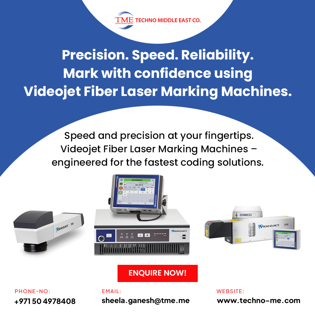 middle_tec71537's tweet image. "Speed and precision at your fingertips. Videojet Fiber Laser Marking Machines – engineered for the fastest coding solutions. #Videojet #FiberLaserMarking #HighSpeedCoding #ManufacturingExcellence #PrecisionMarking #BatchCoding #ExpiryDateCoding"
📞 Call us: +971 50 4978408