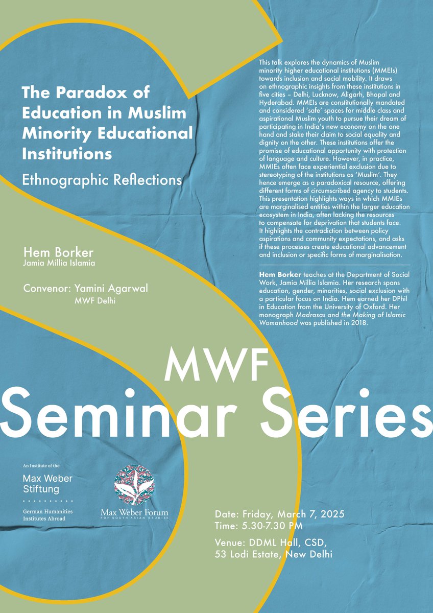 Registration open for a #talk on the Paradox of #Education in Muslim #Minority #Educational #Institutions by Hem Borker, <a href="/jmiu_official/">Jamia Millia Islamia (NAAC A++ Grade Central Univ)</a> 
📅Friday, March 7, 2025
🛐 DDML Hall, CSD, 53 Lodi Estate, New Delhi
To register, send email to events@mwsindia.org by Wednesday, 5 March 2025