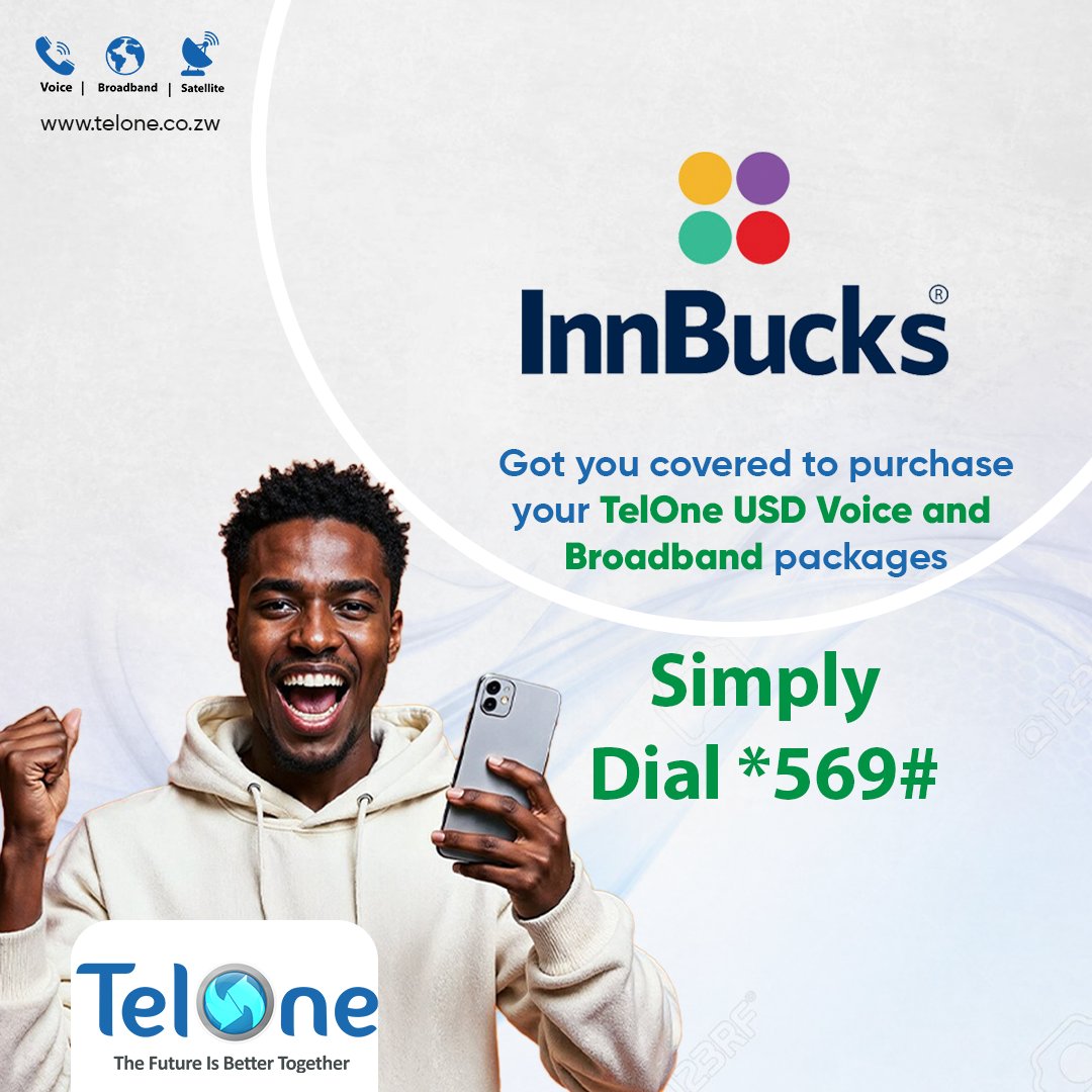 TelOneZW's tweet photo. InnBucks got you covered to purchase your TelOne USD Voice and Broadband packages
Simply Dial *569#!
#convenience
#telonebroadband https://t.co/RQ8OxTXIyW