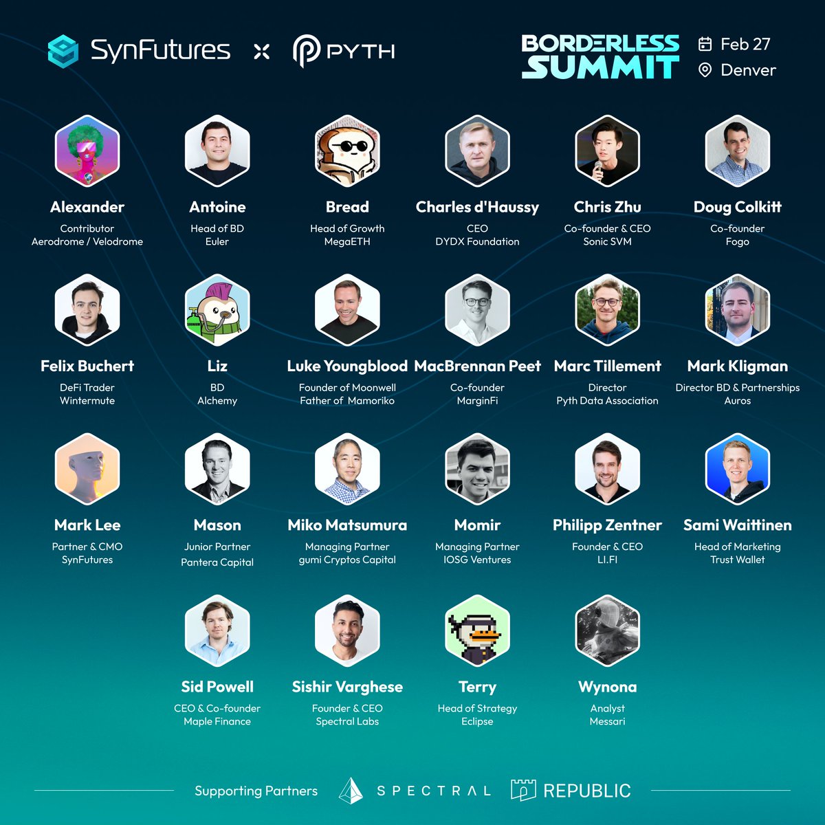 Top minds from EVM and SVM ecosystems will gather at #BorderlessSummit Denver with <a href="/SynFuturesDefi/">SynFutures</a> and <a href="/PythNetwork/">Pyth Network 🔮</a> on Feb 27.  🇺🇸

Join us for some interesting debates and hot takes 🧠

Explore the panels and agendas, and sign up here: lu.ma/borderless-den…

Speakers include