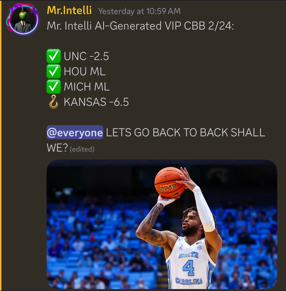 IntelliPickz's tweet photo. ❤️ 5 followers who LIKE get free VIP! 

MY AI HAS A 80% HR IN MY VIP 🧹 ⤵️

✅  Rutgers +3.5 
✅  UCF -3.5
✅  Sebastian Mack Under 2.5 Reb 
✅  David N'guessan Under 1.5 Asts 
✅ UNC -2.5
✅ HOU ML
✅ MICH ML
🪝 KANSAS -6.5

My model is absolutely cooking CBB 🔥

Posting college ball EXCLUSIVELY on my DubClub… 💫

#NBA #GambingX