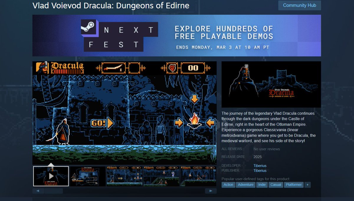 Vlad Voievod Dracula Dungeons of Edirne
Try it on Steam store.steampowered.com/app/2651830

#SteamNextFest 

#IndieGames #gamedev #pixelart #Castlevania #Dracula