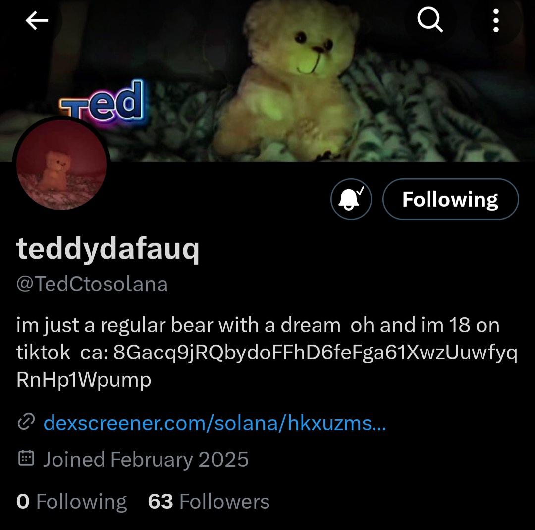 donhont's tweet photo. GM Everyone,

$TED has a twitter page already. Now, let's all give it a follow.

Jeets are out, we send from here. Believe in something.

@TedCtosolana https://t.co/34rO2NLvF4