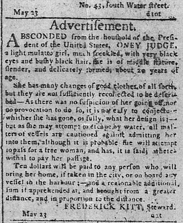 Feb 25: Born enslaved at Mount Vernon (VA), Ona Judge "absconded from the household of the POTUS" in 1796. George Washington never recaptured her. She lived the rest of her life in New Hampshire &amp; died #OTD in 1848. See the runaway ad below.👇🏾#BHM bit.ly/2phmTS3