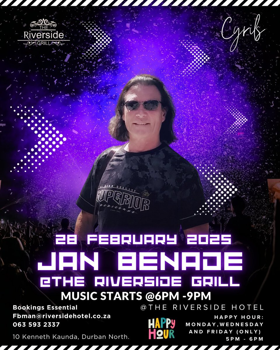 Catch Jan Benade live at The Riverside Grill on 28 Feb 2025! 🎸🔥

⏰ 6PM - 9PM | 🍹 Happy Hour: 5PM - 6PM
📍 @The Riverside Hotel
Book now! 📩 Fbman@riversidehotel.co.za | 📞 063 593 2337
#MeetAtTheRiverside #LiveMusic #JanBenade #DurbanEvents #GoodVibesOnly