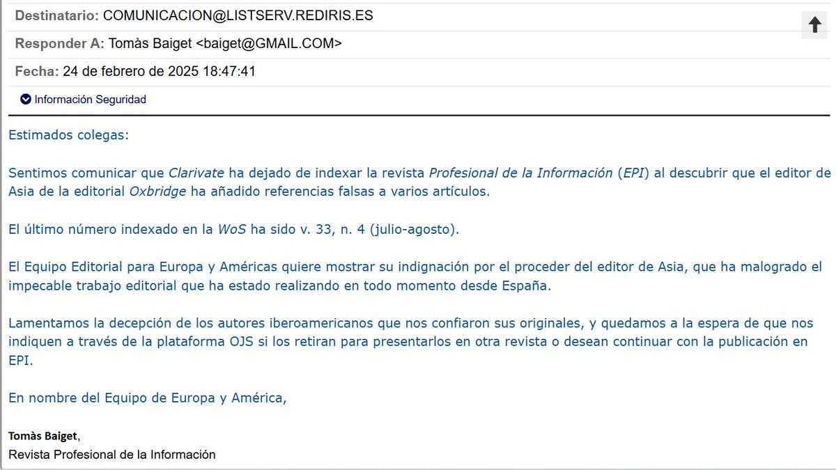 Leticia Rodríguez Fernández (@leticiarofer) on Twitter photo ¿Qué está pasando con las revistas académicas?
EPI era uno de los grandes referentes y ha dejado de indexar por la inclusión de referencias falsas.
El mundo fake de la era digital canibaliza la ciencia.
Necesito un análisis de <a href="/acabezas/">Álvaro Cabezas</a> sobre esto 👇🙏 ¿Qué está pasando con las revistas académicas?
EPI era uno de los grandes referentes y ha dejado de indexar por la inclusión de referencias falsas.
El mundo fake de la era digital canibaliza la ciencia.
Necesito un análisis de <a href="/acabezas/">Álvaro Cabezas</a> sobre esto 👇🙏