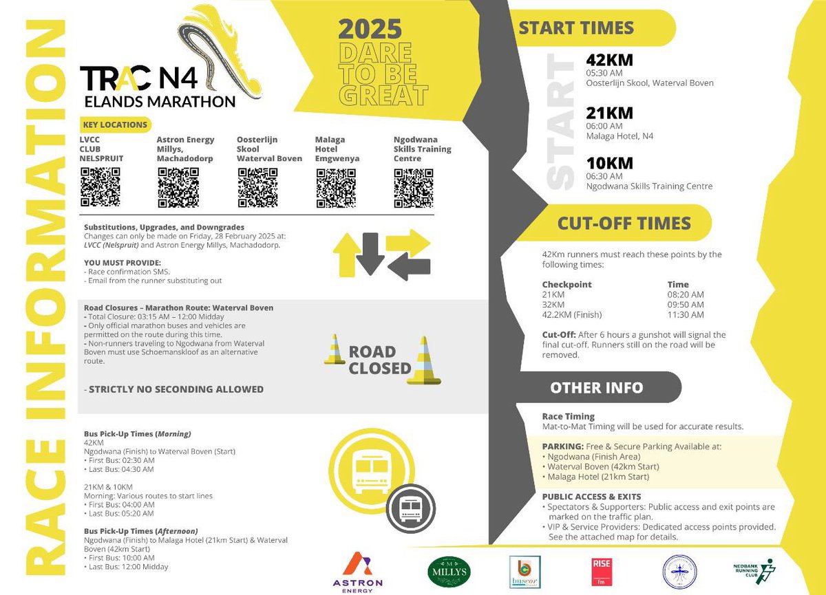 ElandsMarathon's tweet photo. #tracn4elandsmarathon2025 race day information pamphlet contains all the information you need to know. 

Substitution Info ✅
Bus Times ✅
Key Location QR codes ✅
Start Times ✅
Cut-off Times ✅

Familiarise yourself with the pamphlet.
Visit our website: https://t.co/SFqpGg9aLP https://t.co/e7AXy1uMta