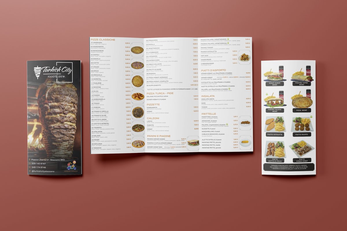 Giordano_Design's tweet photo. Nuovo Menù + Business card per Turkish City Stezzano ... specialisti kebap turco, pizza e falafel, certificati Original Islam Food.

#kebab #kebablovers #brand #branding #GraphicDesigner https://t.co/UeYR3radDw