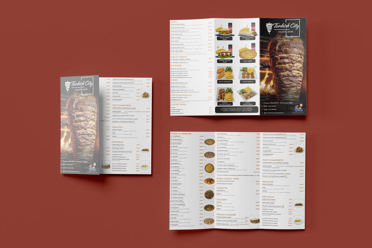 Giordano_Design's tweet photo. Nuovo Menù + Business card per Turkish City Stezzano ... specialisti kebap turco, pizza e falafel, certificati Original Islam Food.

#kebab #kebablovers #brand #branding #GraphicDesigner https://t.co/UeYR3radDw