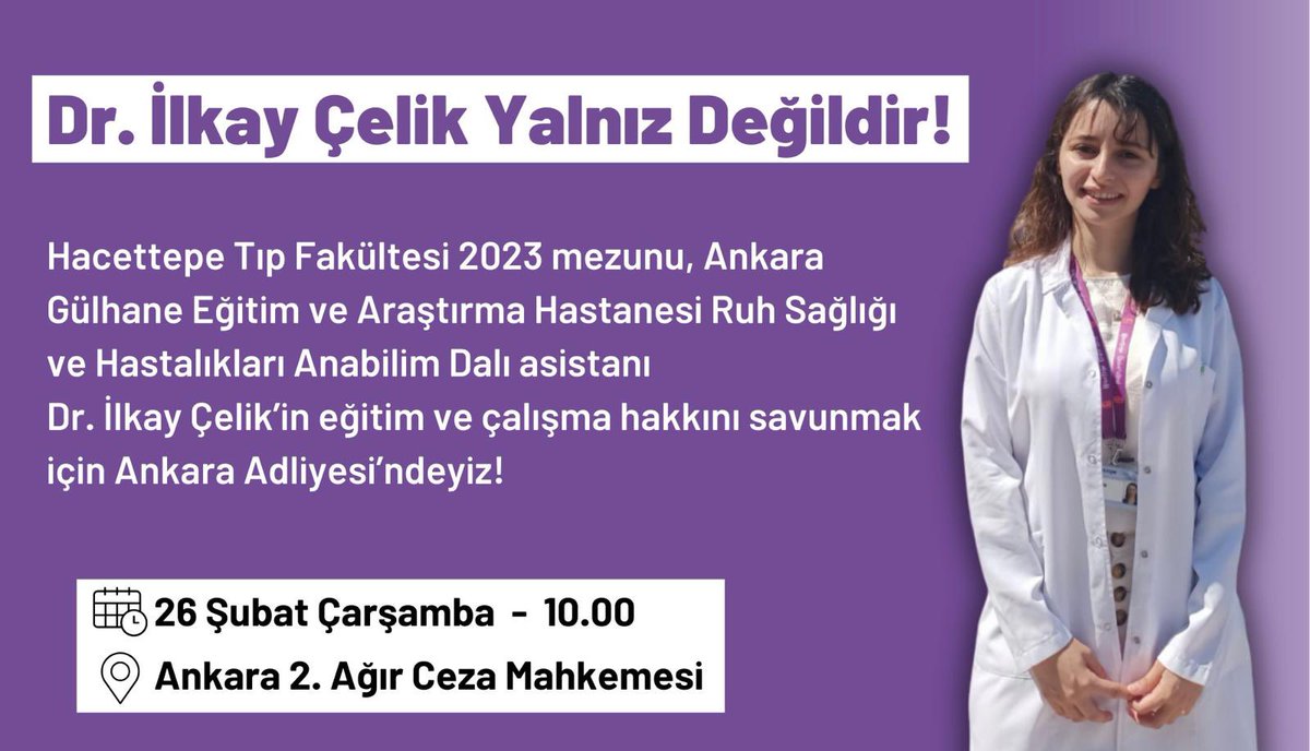 Duruşma ve dayanışmaya davet!

Dr. İlkay Çelik yalnız değildir!

Keyfi ve hukuksuzca açığa alınan, eğitim ve çalışma hakkı gasp edilen meslektaşımızın yanındayız. İktidar yargısının yandaş olmayanları baskıyla susturmaya çalıştığı bugünlerde herkesi dayanışmaya davet ediyoruz.
