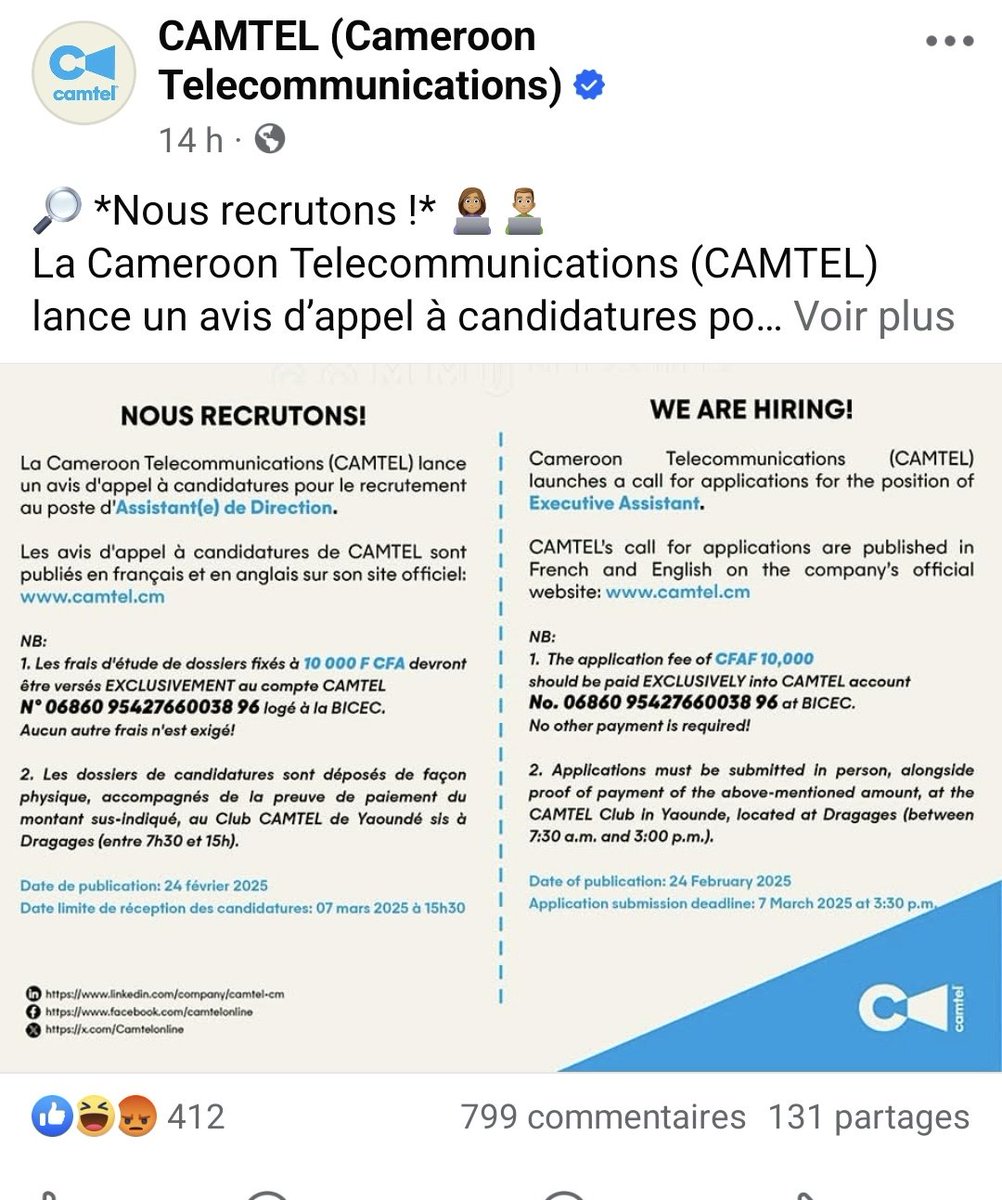 AnniePayep's tweet photo. Dans notre pays en 2025, une entreprise parapublique exige de payer 10000 fcfa pour déposer son dossier pour un recrutement. 
Donc tu prends ton argent, tu t'alignes à la banque et après tu pars déposer tout ça PHYSIQUEMENT.
Une entreprise Télécom 🤣.
Leurs explications 😭👇🏾🙌🏿 https://t.co/TobW9dn4s0