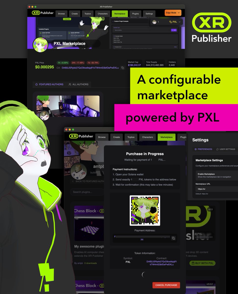 Open marketplace powered by pxl is closer than I thought! I'm experimenting with a v1 of send pxl to author of an asset/character/world and on confirmation from the XR Publisher validator, you're prepared a mint of the object hosted via our default or your custom arweave