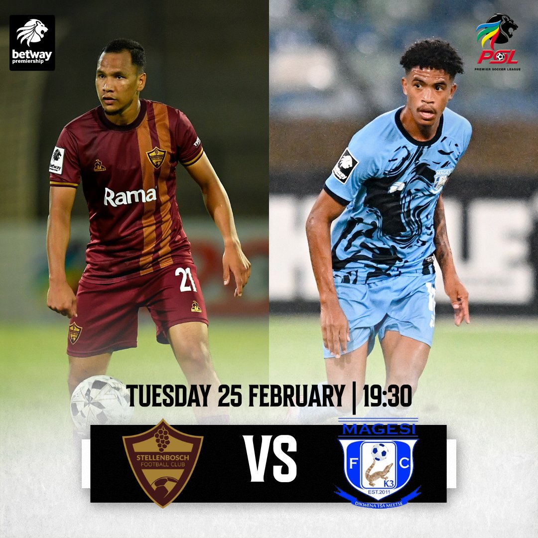 Official PSL (@officialpsl) on Twitter photo Itβs matchday in the #BetwayPrem as <a href="/StellenboschFC/">Stellenbosch FC</a> take on <a href="/Magesi_FC/">Magesi Football Club</a> at the Danie Craven Stadium.
Kick-off is at 19:30. Itβs matchday in the #BetwayPrem as <a href="/StellenboschFC/">Stellenbosch FC</a> take on <a href="/Magesi_FC/">Magesi Football Club</a> at the Danie Craven Stadium.
Kick-off is at 19:30.