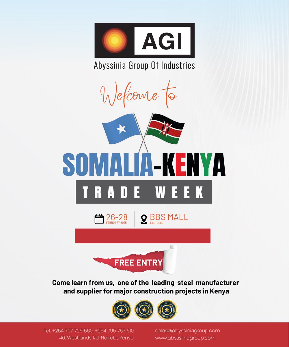 Abyssinia Group of Industries (@abyssiniagroup) on Twitter photo Welcome to the Somalia-Kenya Trade Week! 🇸🇴🇰🇪
Join Abyssinia Group of Industries at <a href="/bbsmallnairobi/">BUSINESS BAY SQUARE MALL</a>, Eastleigh, from February 26-28 and explore top-quality steel solutions for your construction needs. Let’s build a stronger future together!
#SomaliaKenyaTradeWeek #AGI Welcome to the Somalia-Kenya Trade Week! 🇸🇴🇰🇪
Join Abyssinia Group of Industries at <a href="/bbsmallnairobi/">BUSINESS BAY SQUARE MALL</a>, Eastleigh, from February 26-28 and explore top-quality steel solutions for your construction needs. Let’s build a stronger future together!
#SomaliaKenyaTradeWeek #AGI