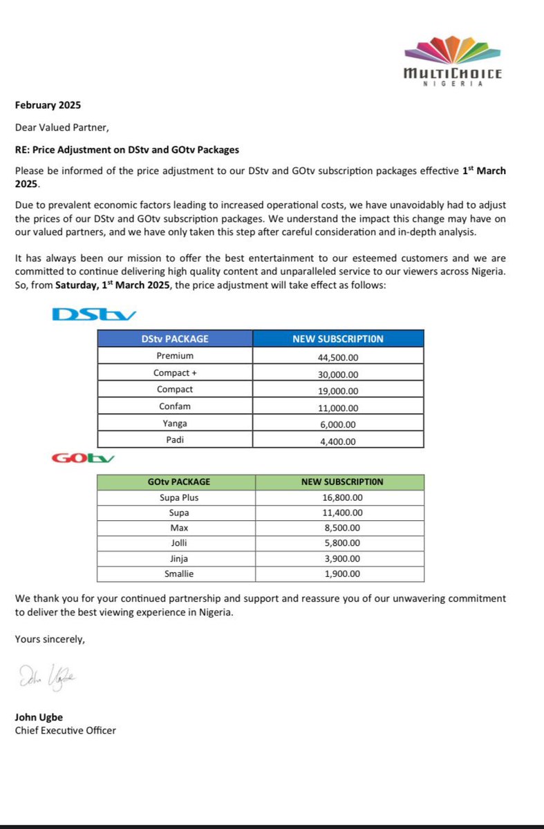 MultiChoice has increased its DStv and GOtv monthly subscription fees in Nigeria.

DStv Packages

Premium - $29.68 (N44,500)

Compact+ - $20 (N30,000)

Compact - $12.67 (N19,000)

GOtv Packages

Supa Plus - $11.20 (N16,800)

Supa - $7.60 (N11,400)

Max - $5.67 (N8,500)