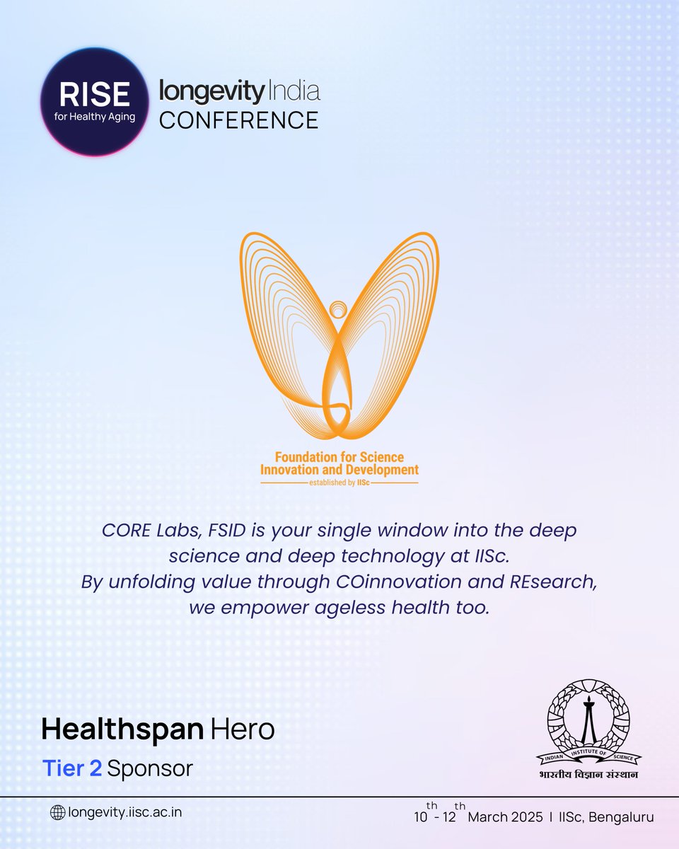 Longevity India (@longevity_iisc) on Twitter photo Thrilledย to announce the <a href="/FSIDIISc/">Foundation for Science, Innovation & Development</a> as a Healthspan Hero, Tier 2 sponsor of RISE 2025! ๐
Unfolding value through co-innovation & research, FSID empowers ageless #health.
Meet the Team at #RISE2025 at the Longevity Ideathon!
Register here: lnkd.in/dE9VSb_8 Thrilledย to announce the <a href="/FSIDIISc/">Foundation for Science, Innovation & Development</a> as a Healthspan Hero, Tier 2 sponsor of RISE 2025! ๐
Unfolding value through co-innovation & research, FSID empowers ageless #health.
Meet the Team at #RISE2025 at the Longevity Ideathon!
Register here: lnkd.in/dE9VSb_8