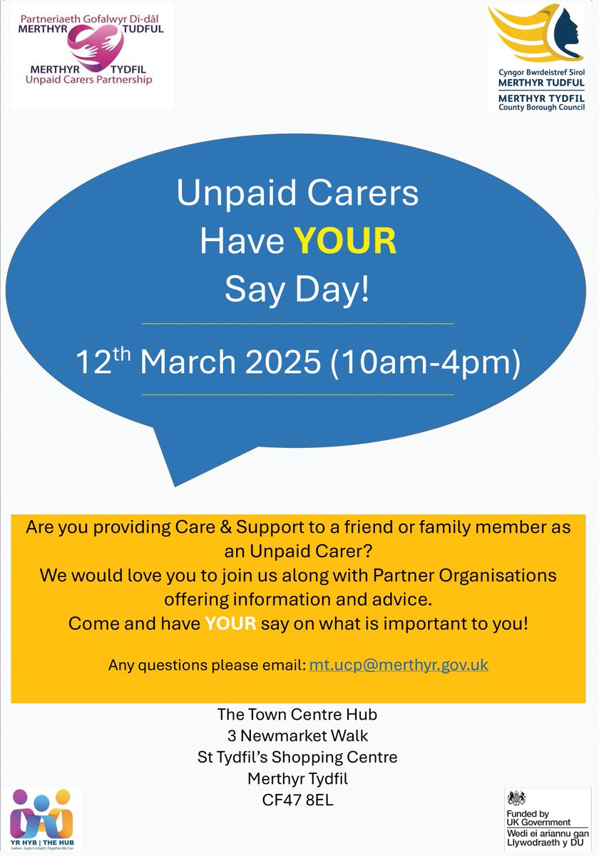 ACMorgannwg's tweet image. Coming up on Saturday 8th March, we will be in Merthyr taking part in the Unpaid Carers Have Your Say Day! If you are an unpaid carer why not come along and have your say on what is important to you.
#merthyr #unpaidcarers